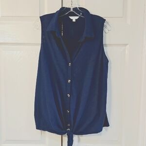 Time & Tru Sleeveless Button-Up Top W Bottom Tie Navy XL EUC